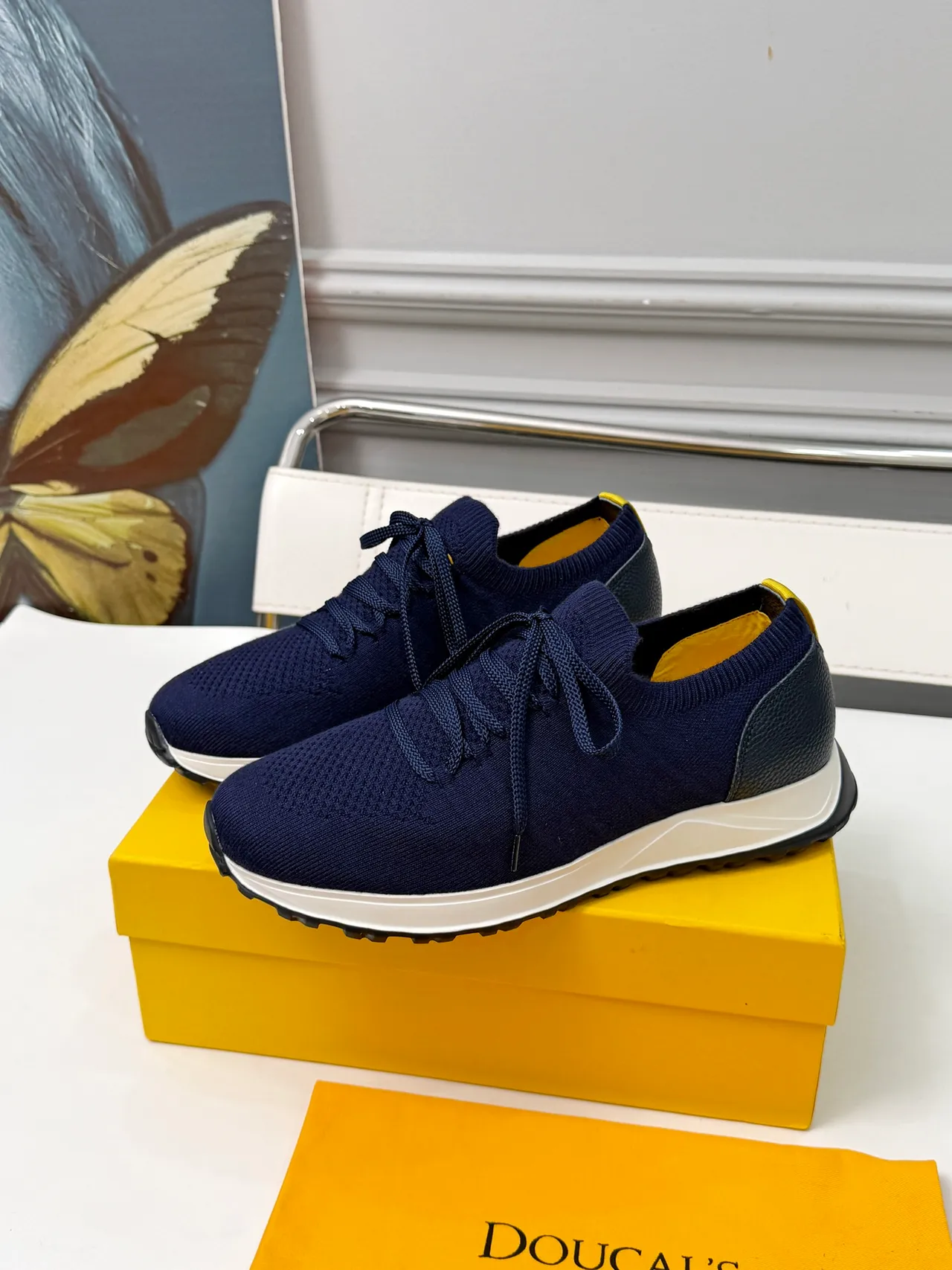 Doucal's Navy Black Knit Upper Textured Leather Heel Panel Lifestyle Sneakers 5
