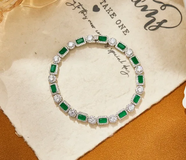 Emerald-Cut Green and White Stone Halo Link Bracelet 3