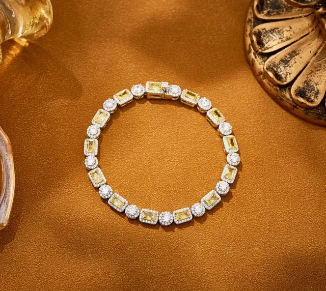 Emerald-Cut Green and White Stone Halo Link Bracelet 5