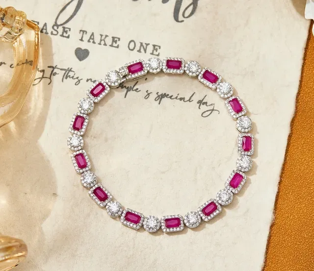 Emerald-Cut Green and White Stone Halo Link Bracelet 6