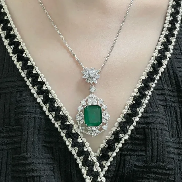 Emerald-Cut Green Gemstone Floral Halo Pendant Necklace 8