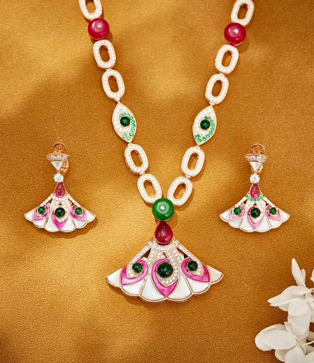 Fan-Shaped Enamel and Gemstone Pendant Necklace 6