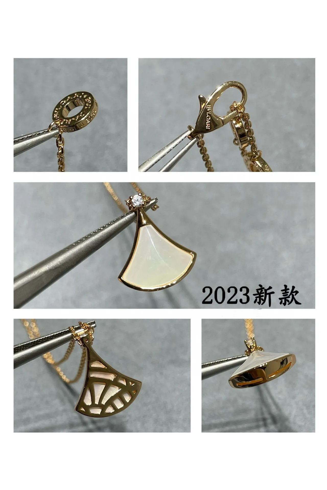 Fan-Shaped White Inlay Gold-Tone Pendant Necklaces 2