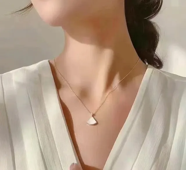 Fan-Shaped White Inlay Gold-Tone Pendant Necklaces 8