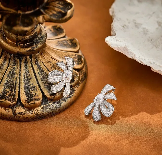 Floral Bow Pavé-Set Oval Stone Stud Earrings 3