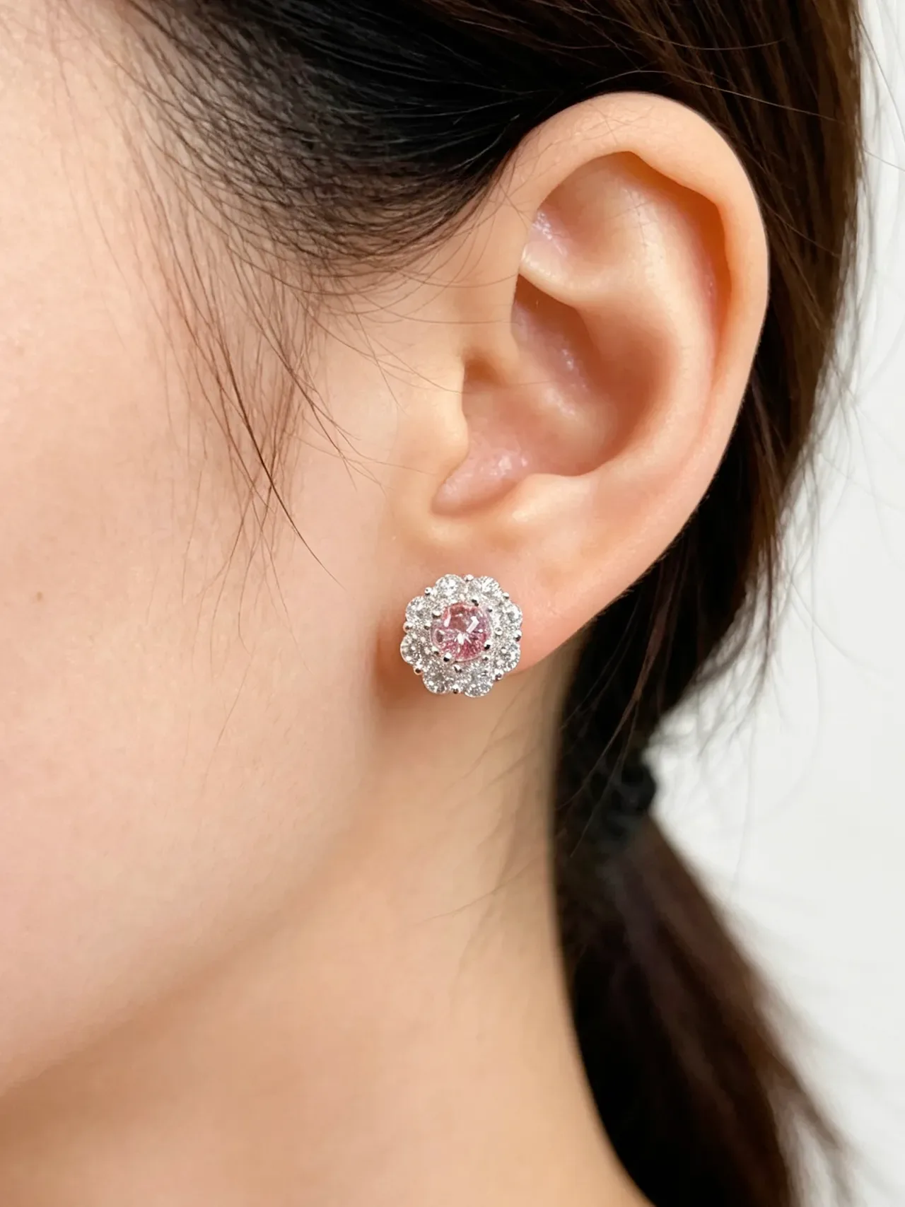 Floral Halo Cluster Pink and Clear Stone Stud Earrings 2