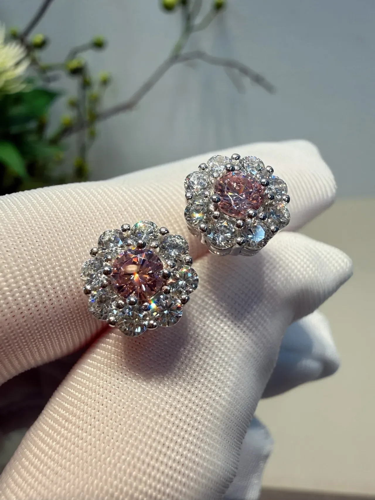 Floral Halo Cluster Pink and Clear Stone Stud Earrings 4