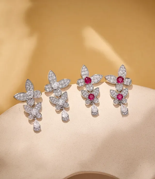 Floral Pavé Ruby and Diamond Drop Earrings 3