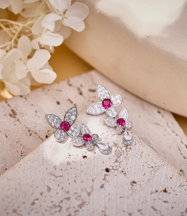 Floral Pavé Ruby and Diamond Drop Earrings 4