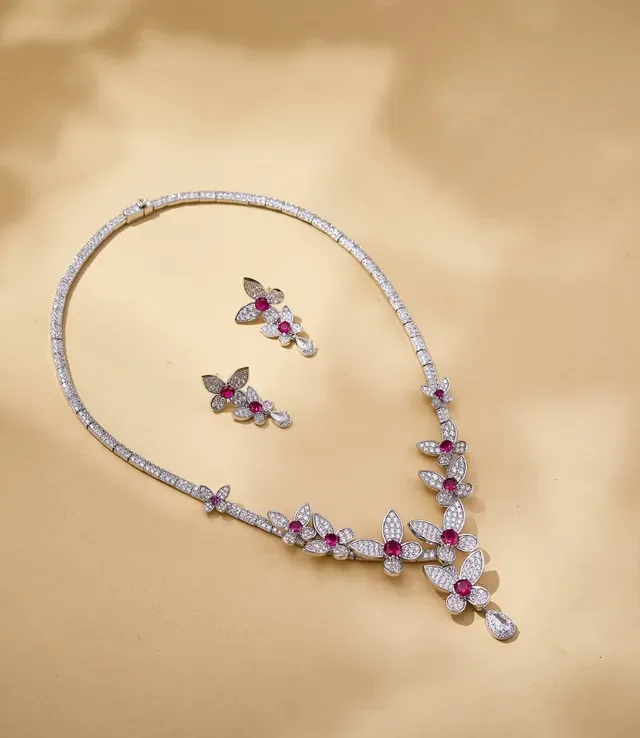 Floral Pavé Ruby and Diamond Drop Earrings 5