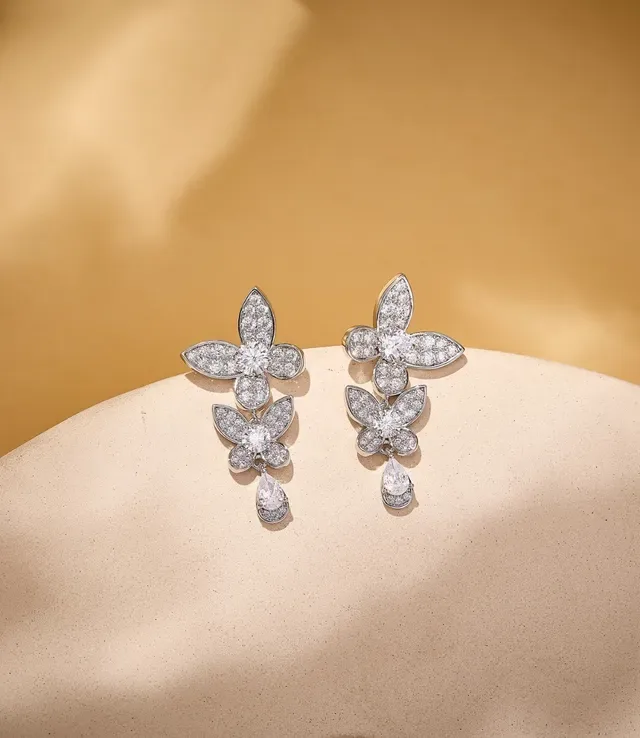 Floral Pavé Ruby and Diamond Drop Earrings 6