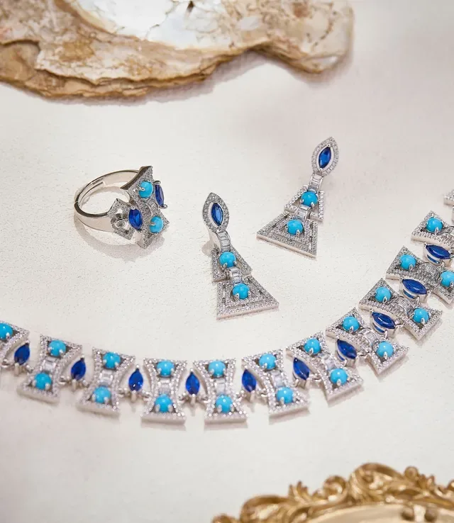 Geometric Link Turquoise and Sapphire Pavé Collar Necklace 2