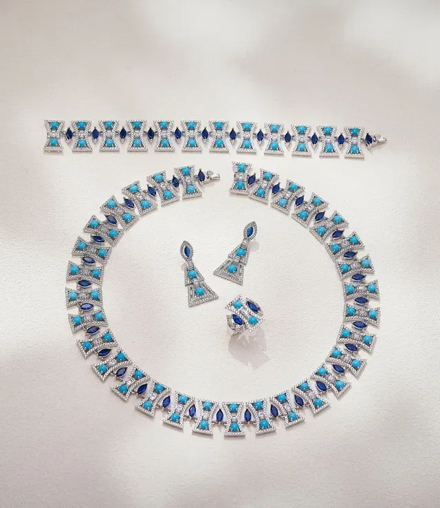 Geometric Link Turquoise and Sapphire Pavé Collar Necklace 4