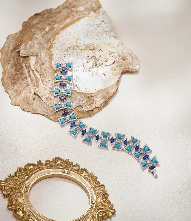 Geometric Link Turquoise and Sapphire Pavé Collar Necklace 5