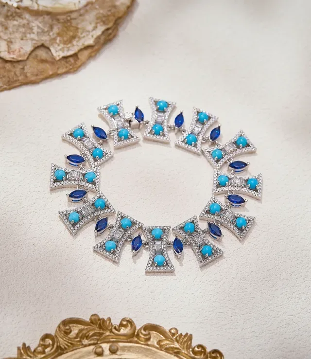Geometric Link Turquoise and Sapphire Pavé Collar Necklace 6
