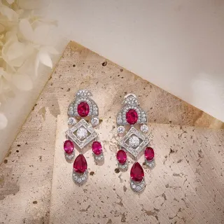 Geometric Multi-Tier Ruby and Diamond Chandelier Earrings