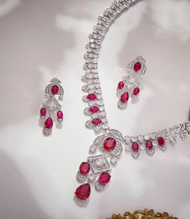 Geometric Multi-Tier Ruby and Diamond Chandelier Earrings 4