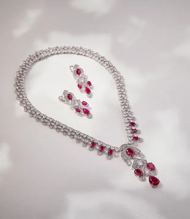 Geometric Multi-Tier Ruby and Diamond Chandelier Earrings 6