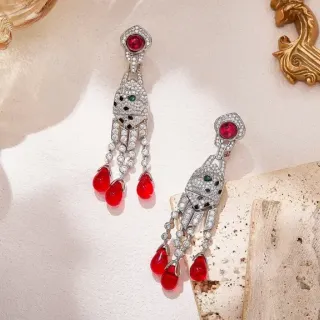 Geometric Pavé Diamond and Red Gemstone Drop Earrings