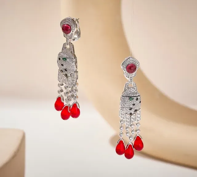 Geometric Pavé Diamond and Red Gemstone Drop Earrings 3