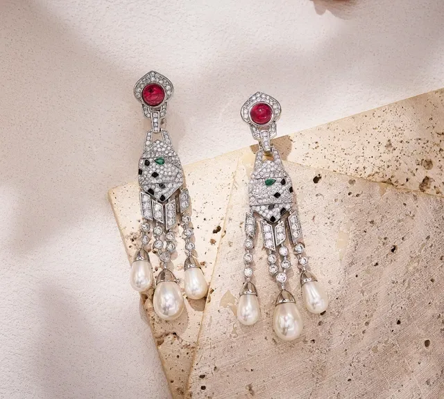Geometric Pavé Diamond and Red Gemstone Drop Earrings 5
