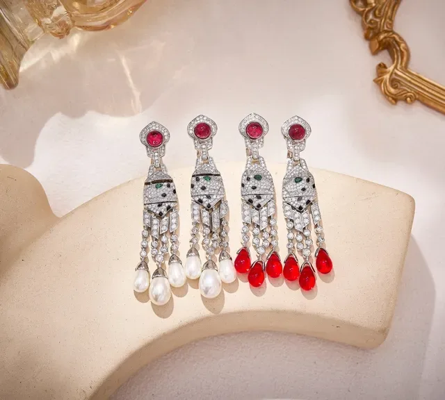 Geometric Pavé Diamond and Red Gemstone Drop Earrings 6