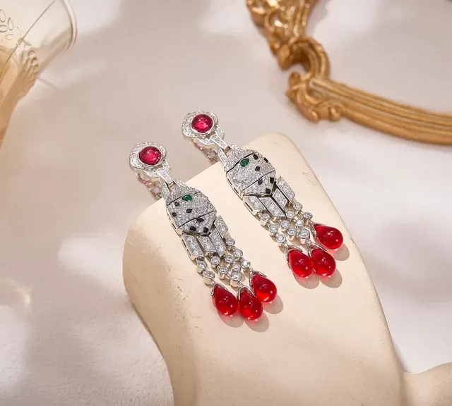 Geometric Pavé Diamond and Red Gemstone Drop Earrings 7