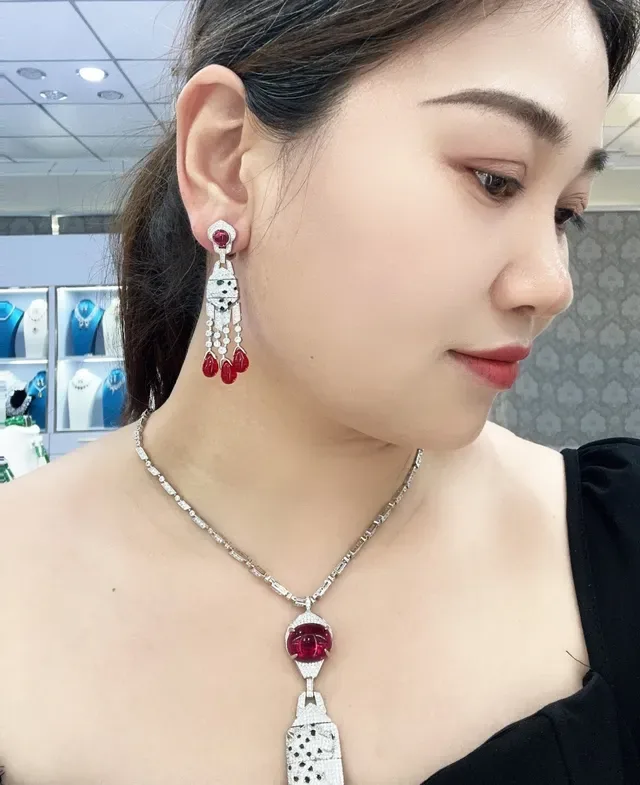Geometric Pavé Diamond and Red Gemstone Drop Earrings 8