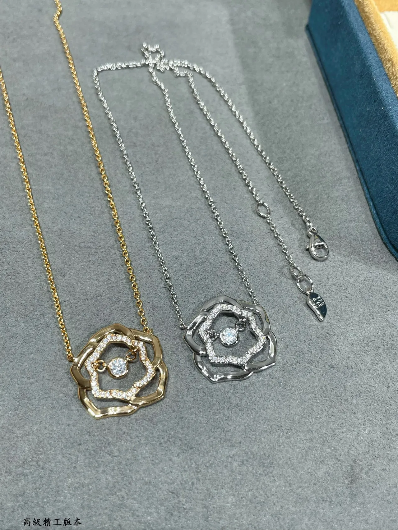 Gold and Silver Floral Openwork Pavé Crystal Pendant Necklaces 6