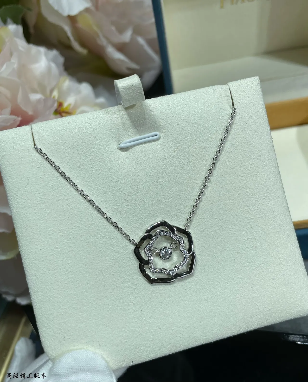 Gold and Silver Floral Openwork Pavé Crystal Pendant Necklaces 2