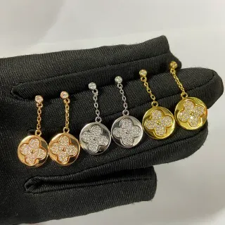 Gold and Silver Tone Pavé Clover Motif Chain Drop Earrings