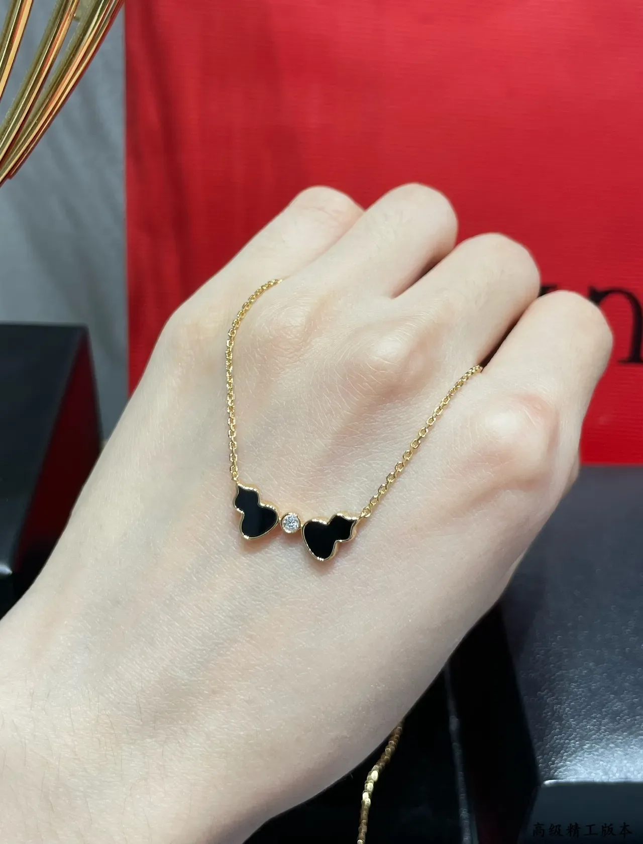 Gold Black Chain Enamel Double-Heart Pendant Necklace 2