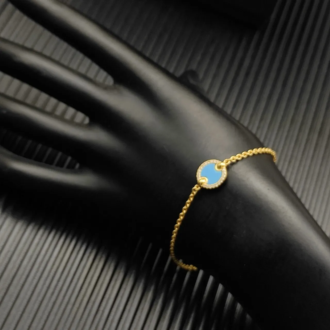 Gold Blue Chain Circular Turquoise Enamel Centerpiece Bracelet 3