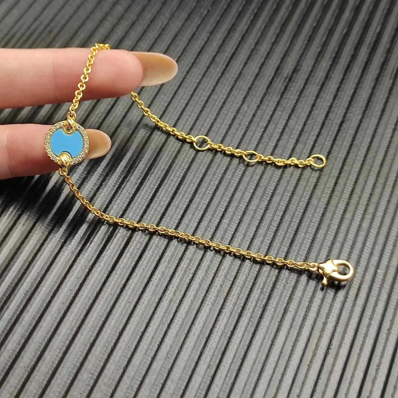 Gold Blue Chain Circular Turquoise Enamel Centerpiece Bracelet 4