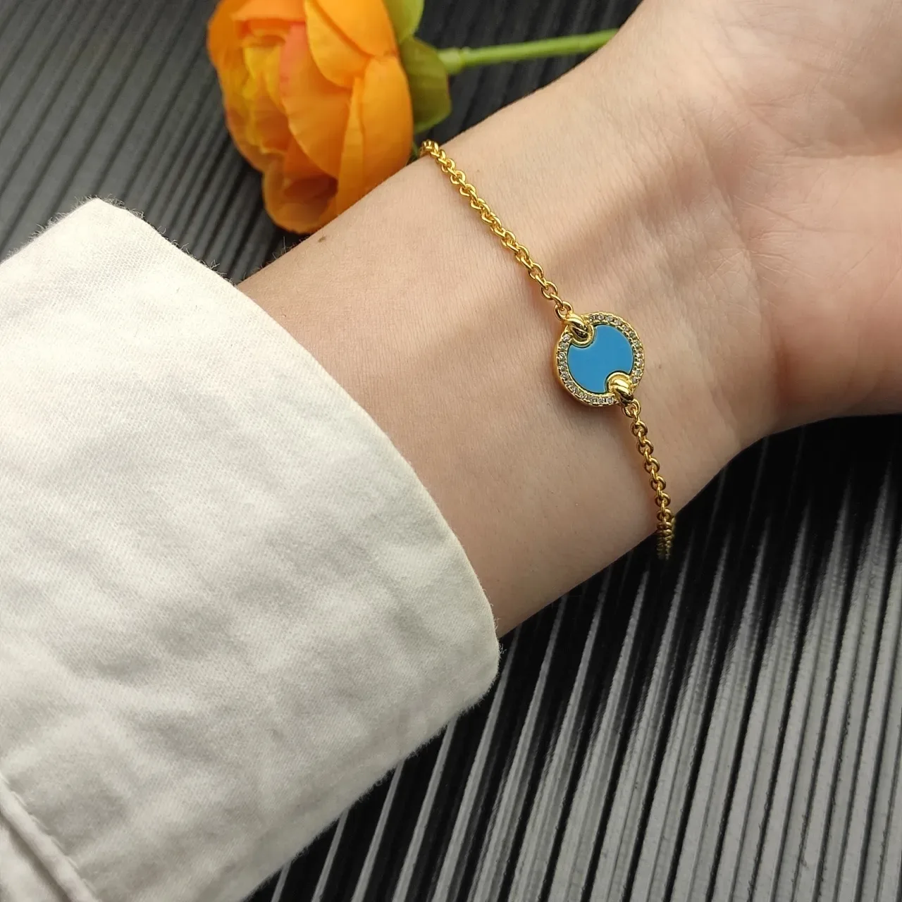 Gold Blue Chain Circular Turquoise Enamel Centerpiece Bracelet 5