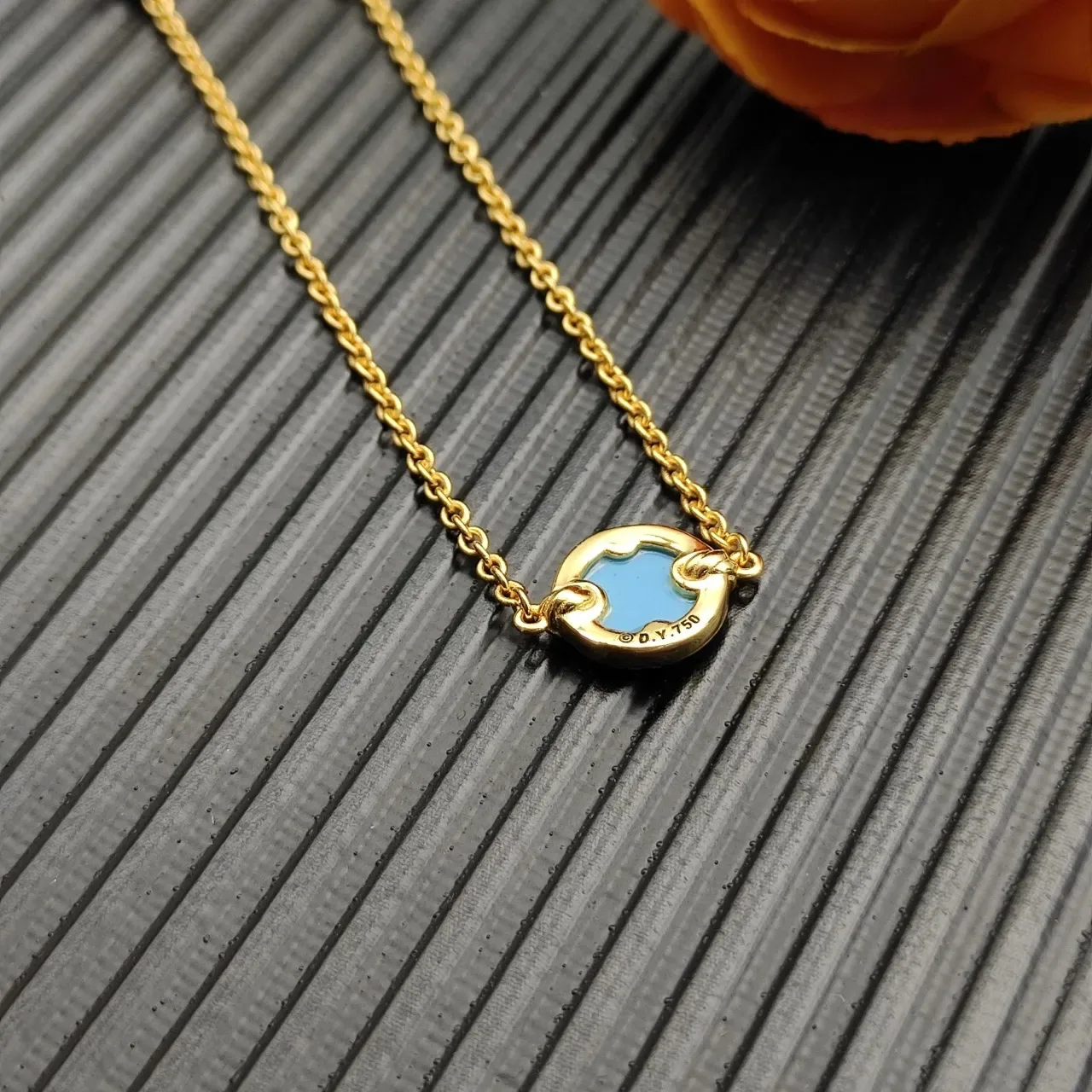 Gold Blue Chain Circular Turquoise Enamel Centerpiece Bracelet 6