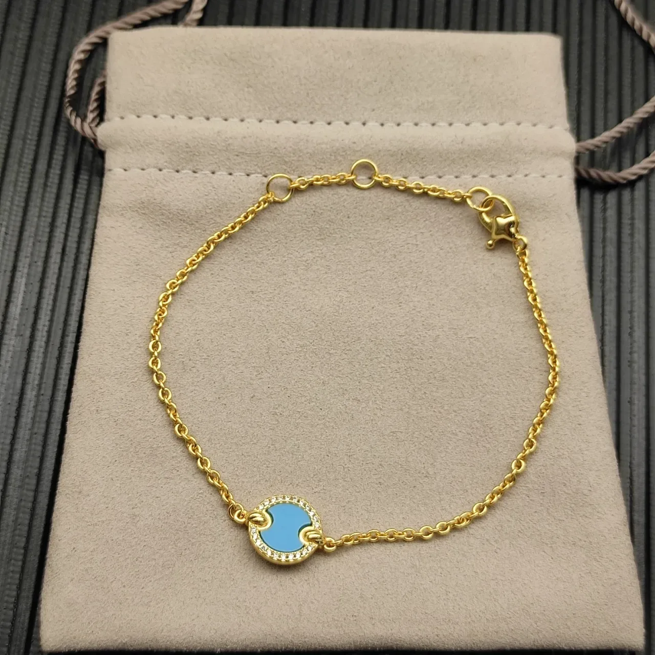 Gold Blue Chain Circular Turquoise Enamel Centerpiece Bracelet 7