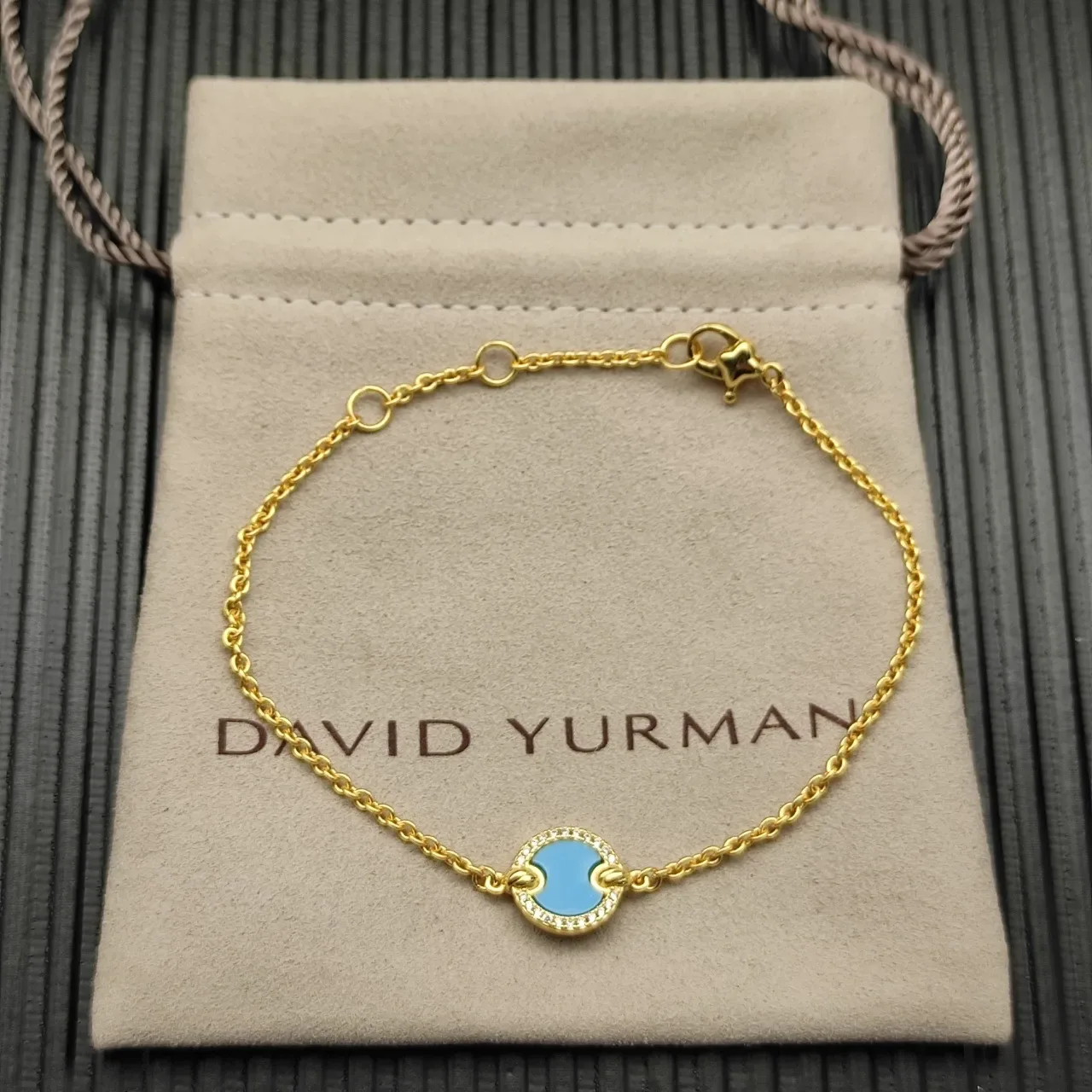 Gold Blue Chain Circular Turquoise Enamel Centerpiece Bracelet 8