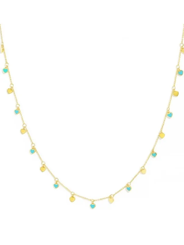 Gold Blue Chain Dangling Heart Charms Necklace 2