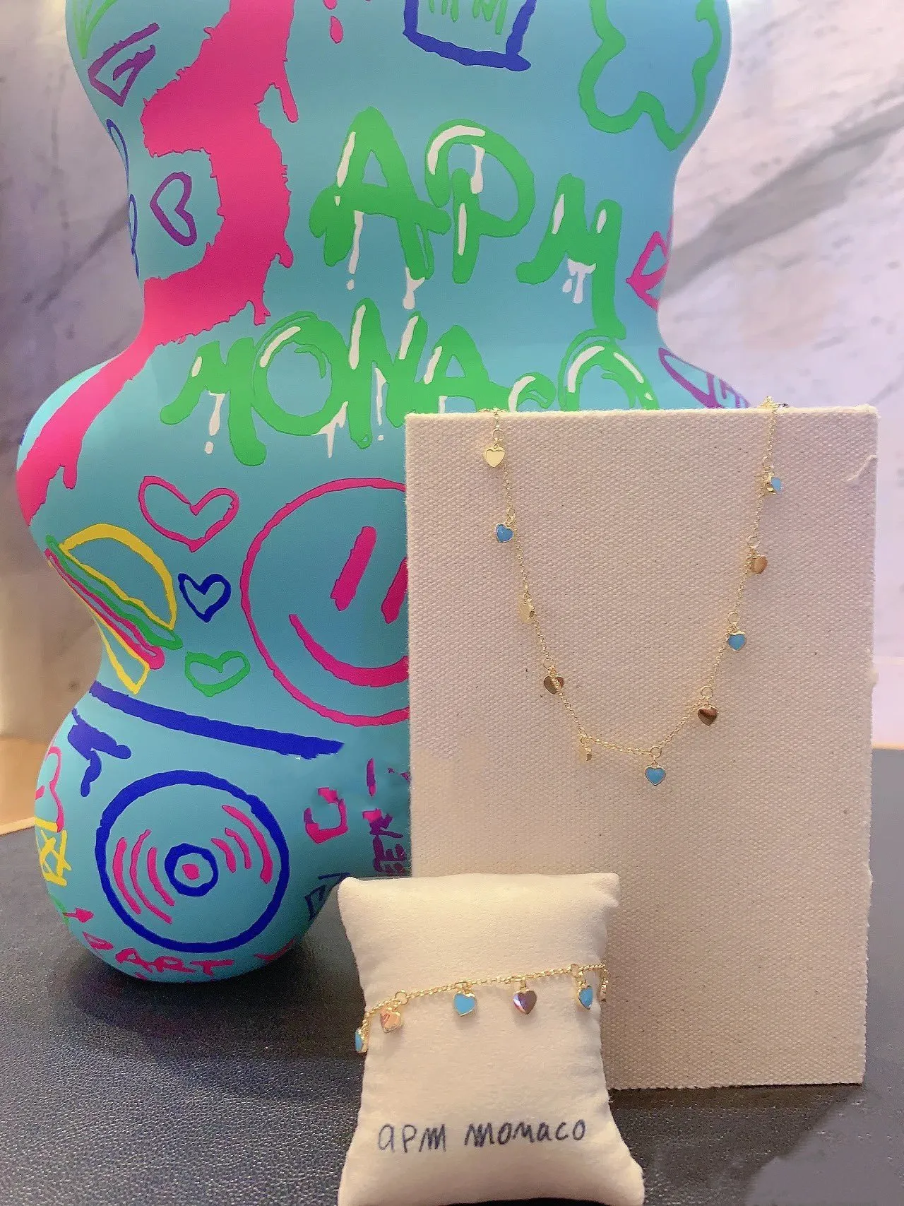 Gold Blue Chain Dangling Heart Charms Necklace 5