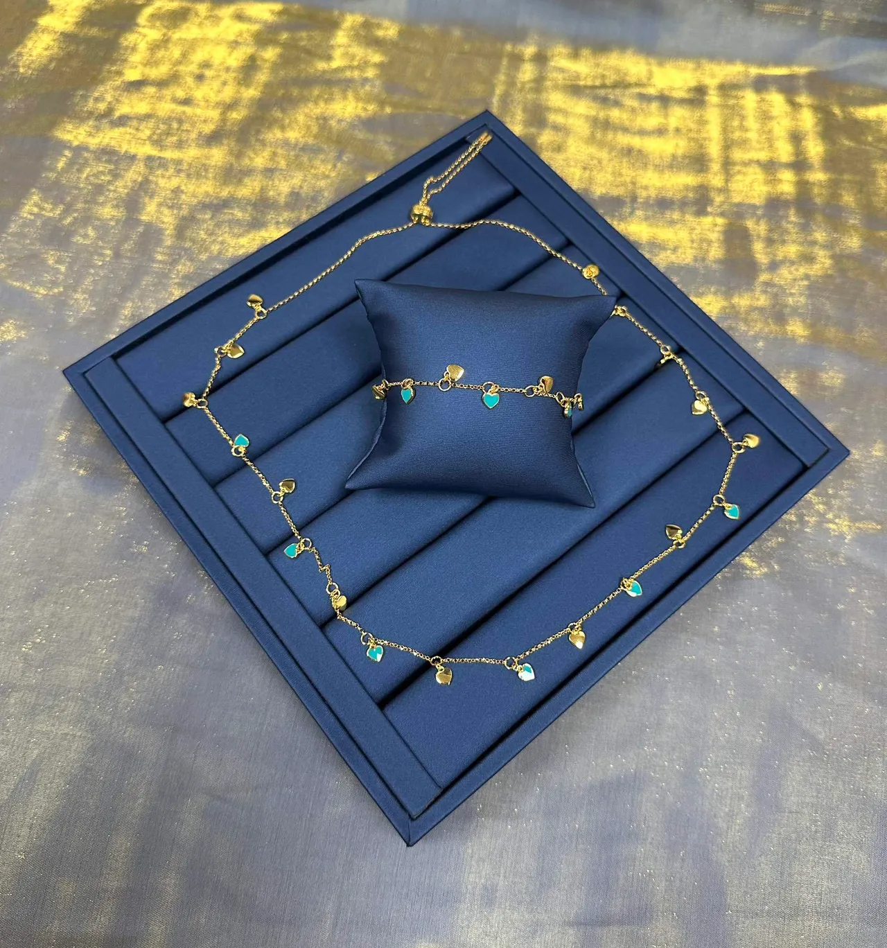Gold Blue Chain Dangling Heart Charms Necklace 7