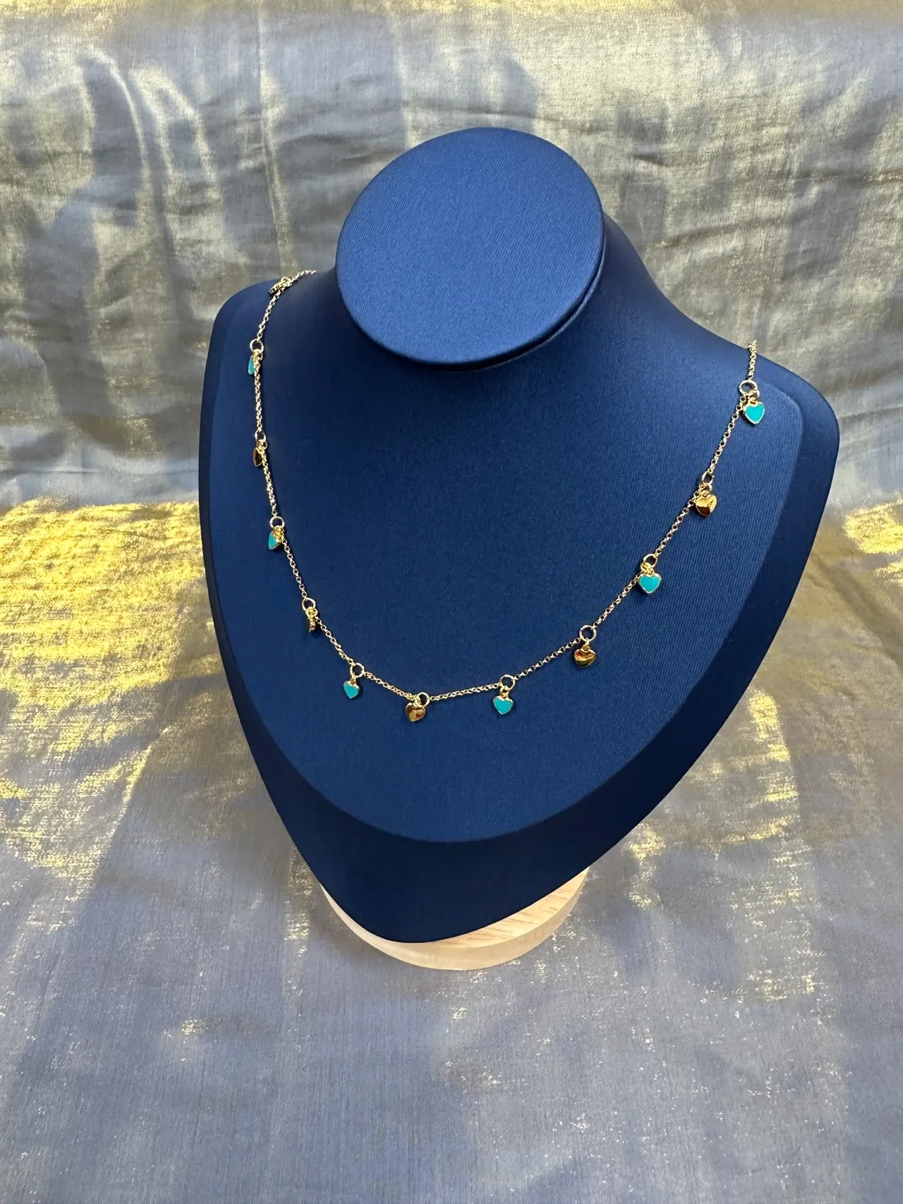 Gold Blue Chain Dangling Heart Charms Necklace 9