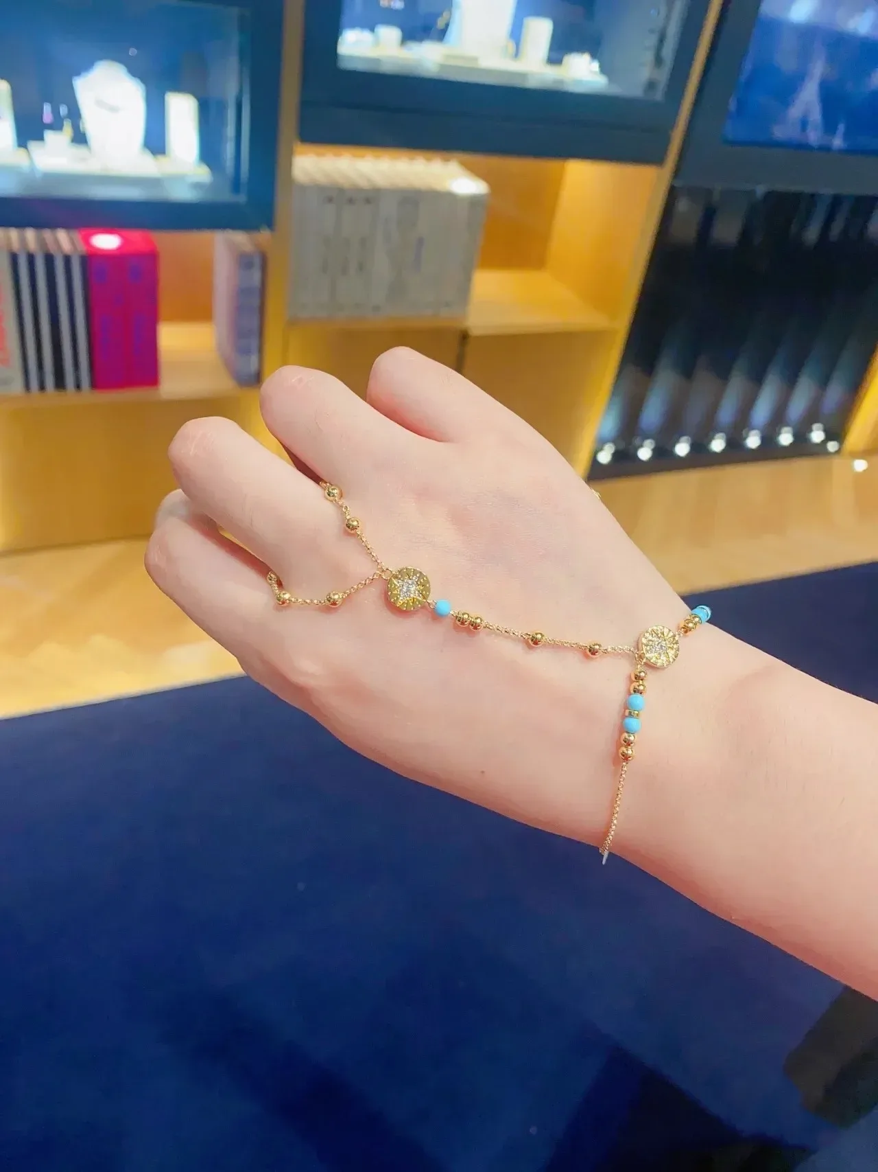 Gold Blue Chain Turquoise Bead Accents Necklace 4
