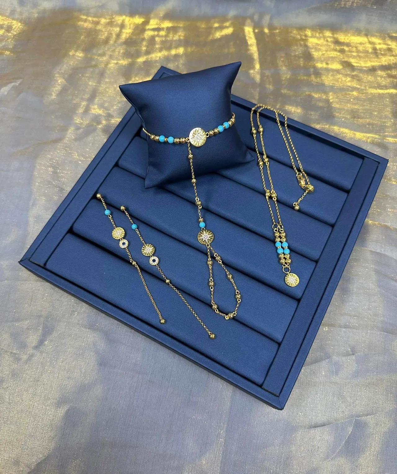 Gold Blue Chain Turquoise Bead Accents Necklace 7
