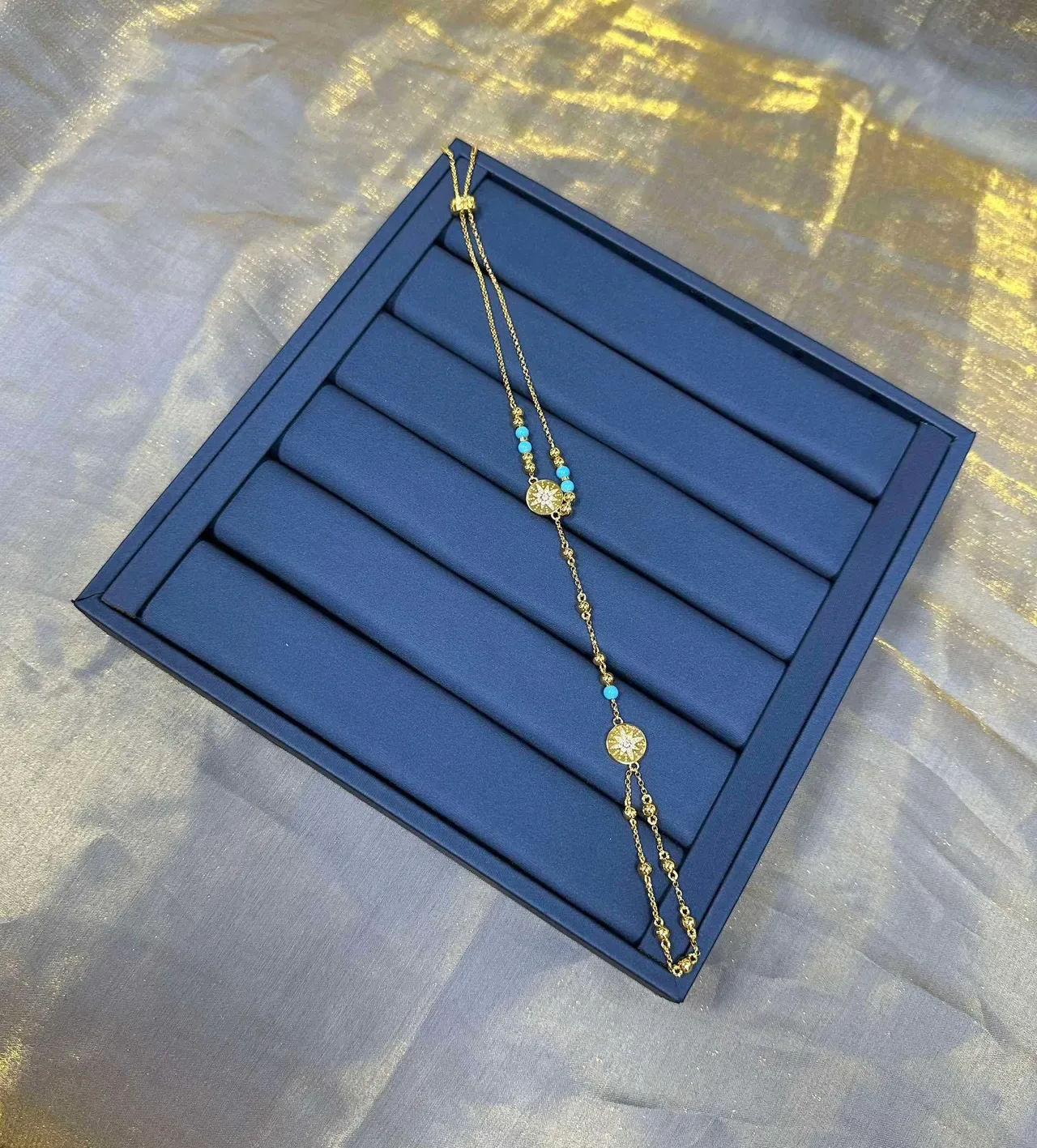 Gold Blue Chain Turquoise Bead Accents Necklace 9