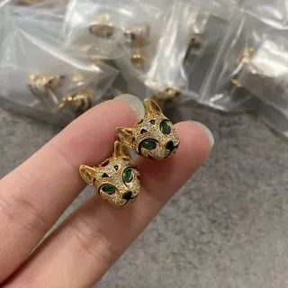 Gold Green Feline Head Studs Eyes Earrings