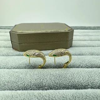 Gold Green Snake-Head Silhouette Pavé-Set Clear Stones Earrings
