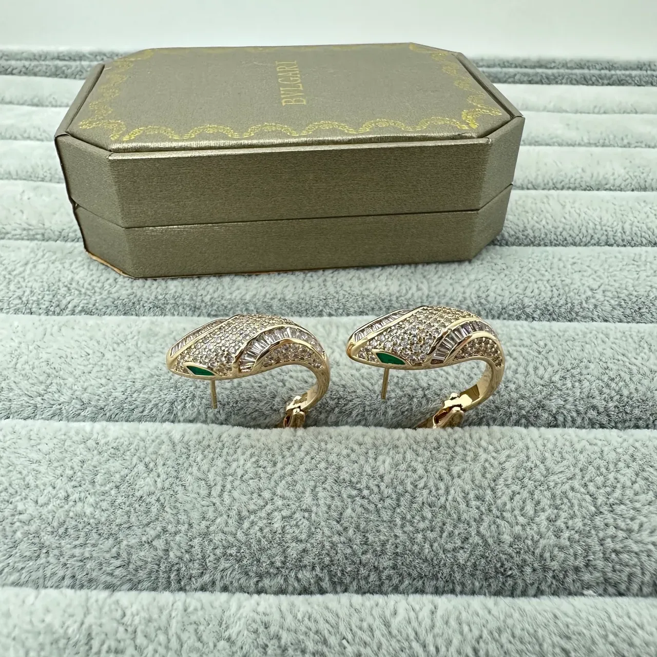 Gold Green Snake-Head Silhouette Pavé-Set Clear Stones Earrings 3