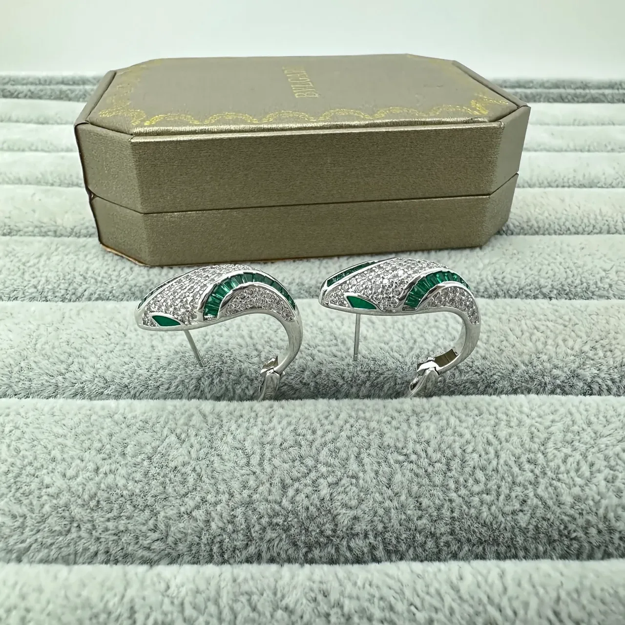 Gold Green Snake-Head Silhouette Pavé-Set Clear Stones Earrings 4