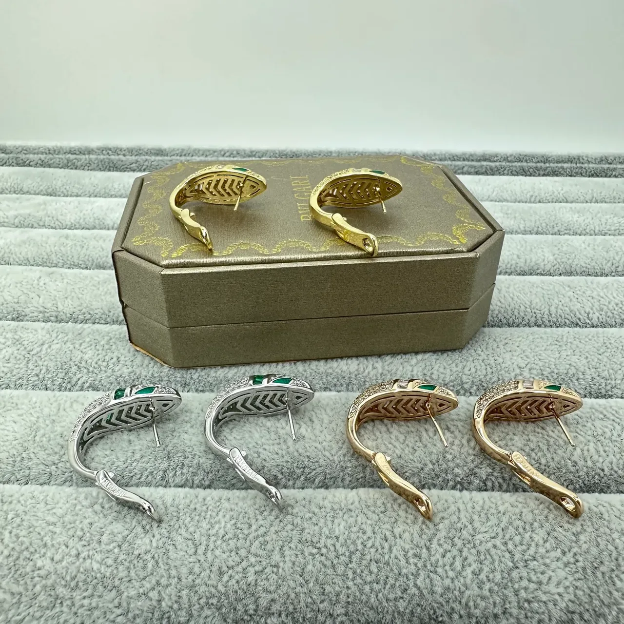 Gold Green Snake-Head Silhouette Pavé-Set Clear Stones Earrings 5